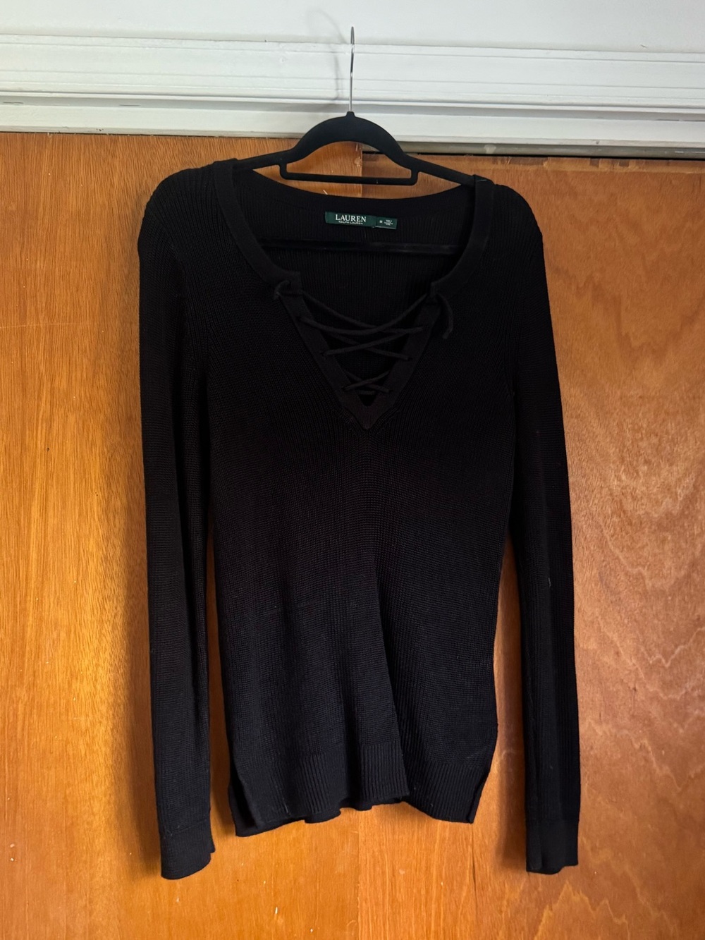 Ralph Lauren Black Lace-Up V-Neck Long Sleeve Sweater